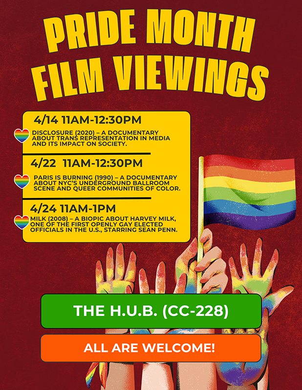 Film Viewings at 11 a.m. - Monday, April 14 - Disclosure; Tuesday, April 22 - Paris is Burning; Thursday, April 24 - Milk; all at the CESJ H.U.B. - Click for PDF